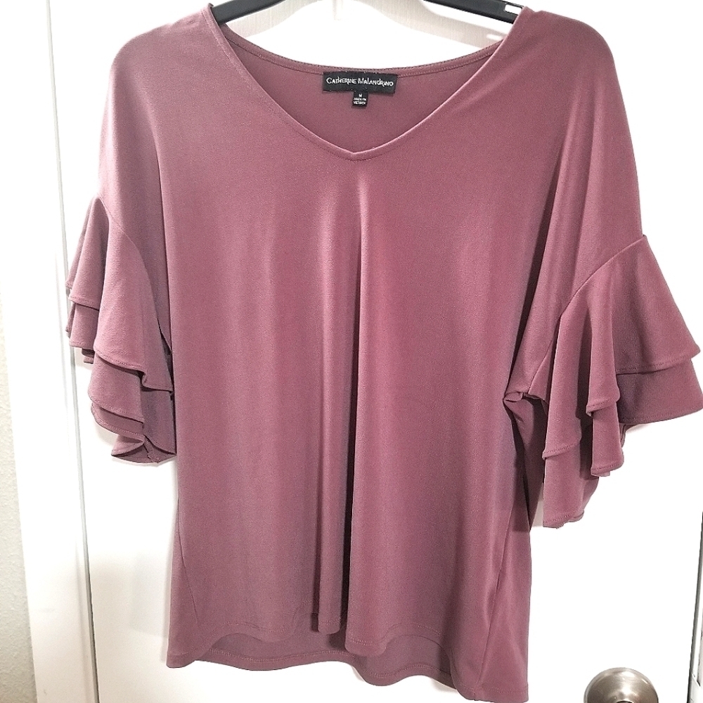 Catherine Malandrino Mauve Ruffle Sleeve V-Neck Top